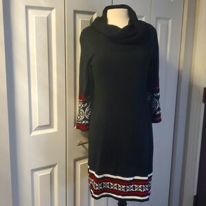 Red and white tried black sweater dress